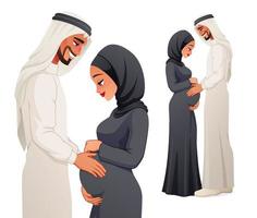 Feliz pareja árabe embarazada esperando una ilustración de vector de bebé