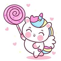 Cute unicorn cartoon kawaii vector holding big candy sweet dessert animal horn horse fairytale illustration