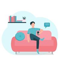 A man with a phone in his hands sits on the couch and sendsa message vector