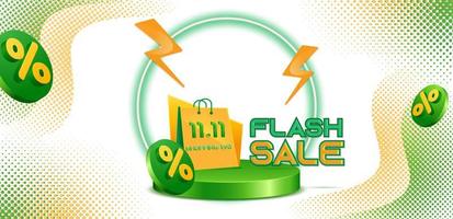 11.11 banner flash en verde y naranja vector