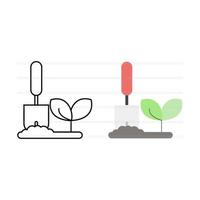 imagen de pala, suelo y plantas. Cuide las plantas en el jardín con estilo de línea y estilo plano adecuado para iconos o logotipos. vector