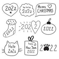 Doodle set of hand drawn text 2022, new year, Merry Christmas. vector