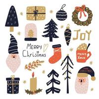 Cute hand drawn Christmas set in scandinavian style for greeting card design. Flat modern illustration. vector