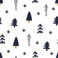 Hand rawn seamless pattern of christmas tree with snowflakes. Flat illustration on white background. vector
