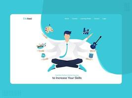 imagen de héroe para un sitio web de cursos en línea o un sitio web de educación en línea. estudiante polivalente y multitarea. posa yoga con varios iconos de habilidades que puede vector