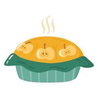 Cute cartoon apple pie flat vector illustration. Autumn cake with fruits isolated on white background.
