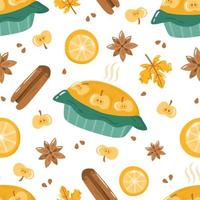 Autumn seamless pattern with cute colorful apple pie, spices and lemon.  Cartoon fall elements for fabric, textile, wrapping paper, wallpaper. vector