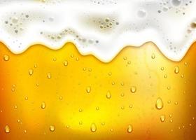 realistic beer background with lush white foam, bubbles and dripping drops vector