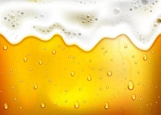 realistic beer background with lush white foam, bubbles and dripping drops