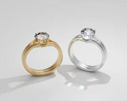 Pareja de anillo de diamantes de oro y plata aislado sobre fondo blanco 3D Render foto