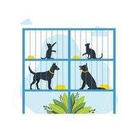Animal Shelter Concept. Lonely Animals In Cages Wait For The Adoption. Rehabilitation or Adoption Center for Stray Pets. Adoption center for stray and homeless pets. Cute cats, lonely dogs. vector