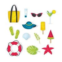 conjunto de artículos de verano, accessories.bag, estrella de mar, salvavidas, sombrero, hoja, gafas de sol, bloqueador solar, helado, bebidas frías, slippers.modern vector diseño de imagen plana aislado en blanco background.summer conjunto de cosas.