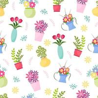 Cute Seamless Pattern with flowers and vases. Floral vector collection of flowers and branches on white background. web banner, invitation, cards,apparel, home decor, fabric. Vector illustration