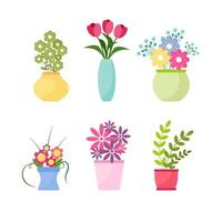 Collection of wild and garden flowers in vases and bottles isolated on white background. Bundle of bouquets. Set of decorative floral design elements. Vector illustration