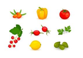 sources of vitamin c, Plant sources of vitamin Collection of vitamin C sources. Fruits and vegetables enriched with ascorbic acid. Set of vegetables and fruits icons Flat cartoon vector illustration