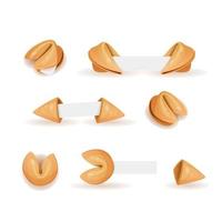 Chinese fortune cookies flat food vector cartoon set isolated white background photo-realistic. Fortune cookies with blank paper template. open and closed chinese fortune cookies. Vector illustration