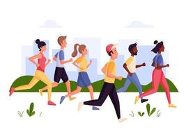 corredores de maratón. hombres y mujeres corriendo al aire libre. Ilustración para maratón, carrera en la ciudad, entrenamiento, ejercicio cardiovascular. ilustración vectorial plana. vector