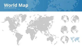 Mapa del mundo de puntos cuadrados y globos terráqueos que muestran todos los continentes. vector