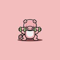 Cute pig lifting dumbbell cartoon vector