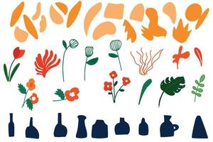 A large set with vases, flowers and abstract spots, elements. A set for pattern, scrapbooking. Vector illustration