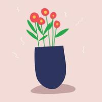 Red flowers in a vase. A vase hand-drawn in the doodle style. Red flowers hand-drawn. Interior item vector