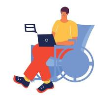 A man is sitting in a wheelchair with a laptop. A man with a disability works, studies online. Disability, fracture, people with disabilities. Vector illustration