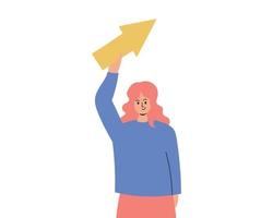 The girl is holding a large arrow in her hands. Development concept, business growth. Female office clerk, personal growth. Work progress, an infographic element vector