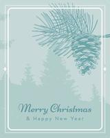 Christmas greeting card. Evergreen trees  landscape and fir twig with cone. Vector illustration in hand drawn style