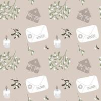 Christmas seamless pattern with envelope, omela, candle, cookies. Vector hand-drawn background in simple scandinavian style. Pastel palette