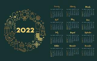 Calendar 2022, United States in luxury golden style. Calendar grid in English. Vector outline icons