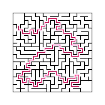 Black square maze with entrance and exit. An interesting and useful game for children. Simple flat vector illustration isolated on white background. With the answer.