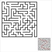 Abstract square maze. An interesting and useful game for kids. Children's puzzle. Labyrinth conundrum. Simple flat vector illustration isolated on color background. With the answer.