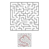 Black square maze with entrance and exit. An interesting and useful game for children. Simple flat vector illustration isolated on white background. With the answer.