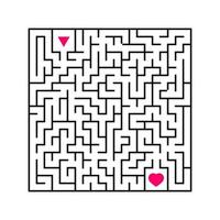 Abstract square maze. An interesting and useful game for children. Find the path from arrow to heart. Simple flat vector illustration isolated on white background.