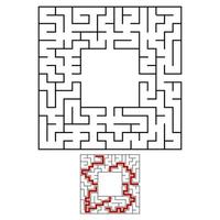 Black square maze with entrance and exit. An interesting and useful game for children. Simple flat vector illustration isolated on white background. With a place for your drawings. With the answer.