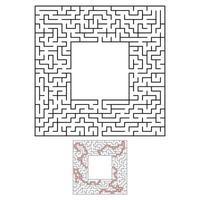 Black square maze with entrance and exit. An interesting and useful game for children. Simple flat vector illustration isolated on white background. With a place for your drawings. With the answer.