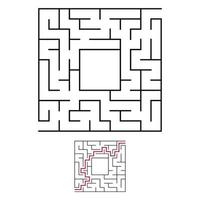 Black square maze with entrance and exit. An interesting and useful game for children. Simple flat vector illustration isolated on white background. With a place for your drawings. With the answer.