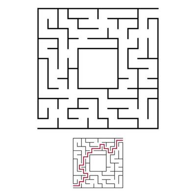 Black square maze with entrance and exit. An interesting and useful game for children. Simple flat vector illustration isolated on white background. With a place for your drawings. With the answer.