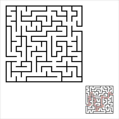 Abstract square maze. Game for kids. Puzzle for children. One entrances, one exit. Labyrinth conundrum. Simple flat vector illustration isolated on white background. With answer.