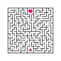 Abstract square maze. An interesting and useful game for children. Find the path from arrow to heart. Simple flat vector illustration isolated on white background.
