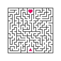 Abstract square maze. An interesting and useful game for children. Find the path from arrow to heart. Simple flat vector illustration isolated on white background.