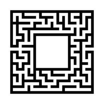 Black abstract square maze with a place for your image. An interesting and useful game for kids. A simple flat vector illustration isolated on a white background.