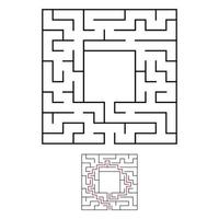 Black square maze with entrance and exit. An interesting and useful game for children. Simple flat vector illustration isolated on white background. With a place for your drawings. With the answer.