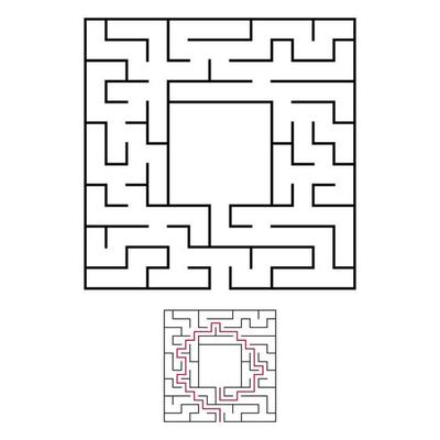 Black square maze with entrance and exit. An interesting and useful game for children. Simple flat vector illustration isolated on white background. With a place for your drawings. With the answer.