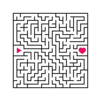 Abstract square maze. An interesting and useful game for children. Find the path from arrow to heart. Simple flat vector illustration isolated on white background.