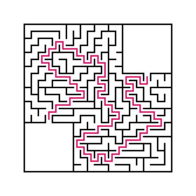 Black square maze with entrance and exit. An interesting and useful game for children. Simple flat vector illustration isolated on white background. With a place for your drawings. With the answer.