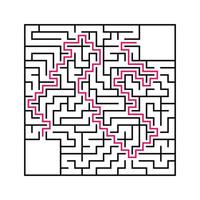 Black square maze with entrance and exit. An interesting and useful game for children. Simple flat vector illustration isolated on white background. With a place for your drawings. With the answer.