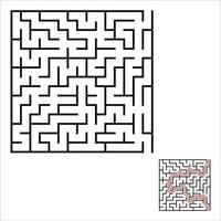 Abstract square maze. Game for kids. Puzzle for children. One entrances, one exit. Labyrinth conundrum. Simple flat vector illustration isolated on white background. With answer.