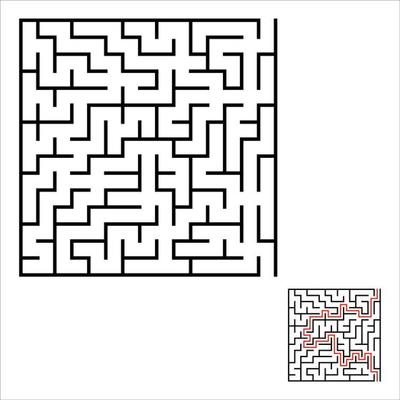 Abstract square maze. Game for kids. Puzzle for children. One entrances, one exit. Labyrinth conundrum. Simple flat vector illustration isolated on white background. With answer.