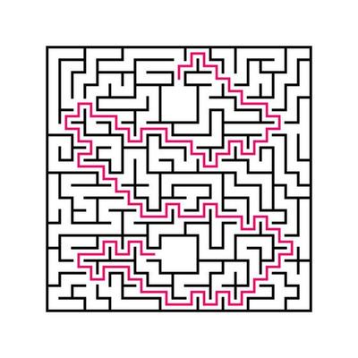 Black square maze with entrance and exit. An interesting and useful game for children. Simple flat vector illustration isolated on white background. With the answer.